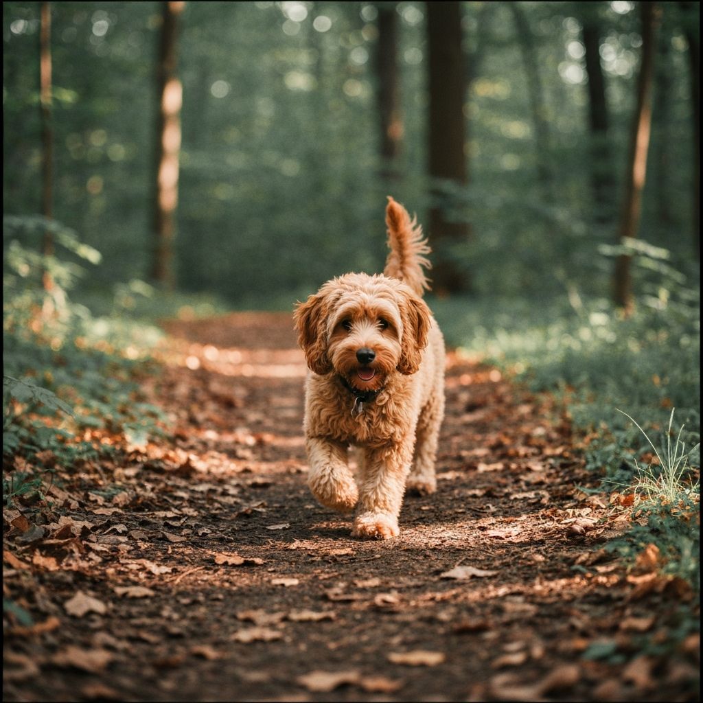 Penny on a forest walk in dappled sunlight