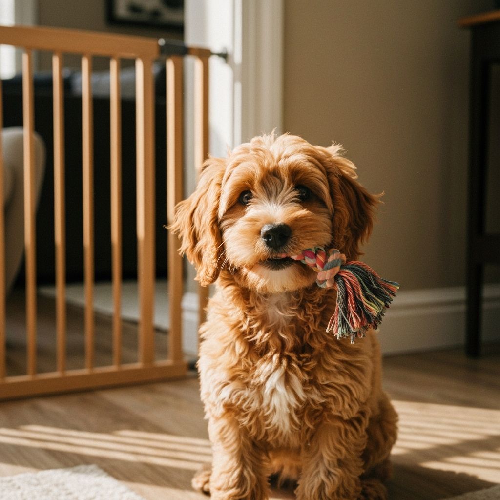 Penny the Cockapoo with a rope toy on the living room rug